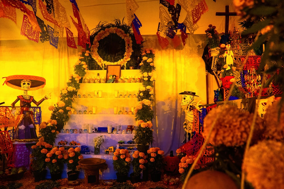 Colorful altar of the dead in day of the dead in mexico